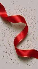 A smooth red satin ribbon elegantly curled on a sparkling gold confetti background perfect for festive holiday and gift wrapping themes
