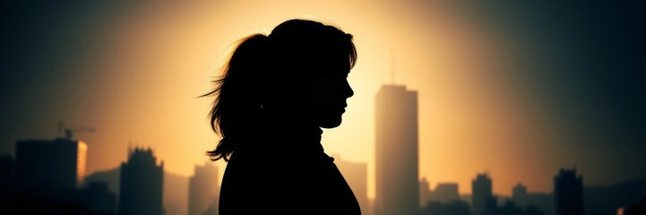 Silhouette of Urban Contemplation: A female silhouette stands poised, her gaze fixed upon a dynamic city skyline, immersed in moments of deep reflection, while a radiant sun casts its glow.