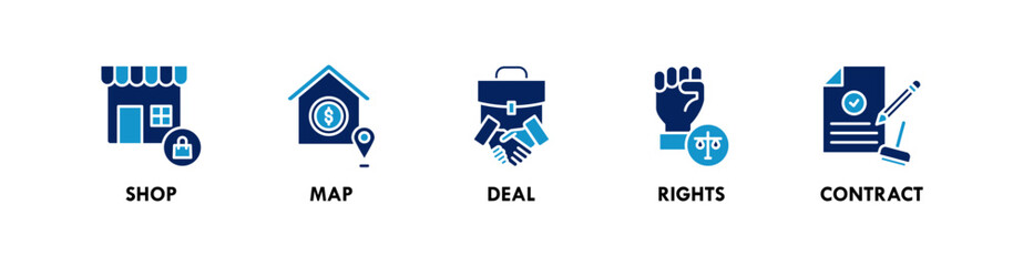 Franchise banner web icon vector illustration concept with icon of shop, map, deal, rights, and contract