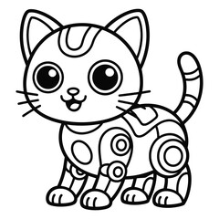 Cute cartoon robot cat with big eyes and mechanical parts isolated on white background