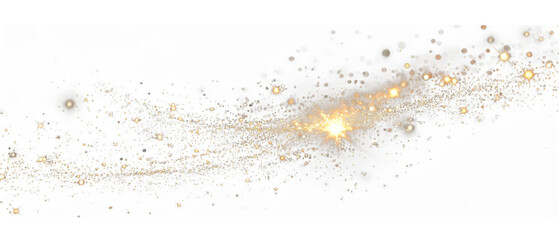 Golden glittering star dust particles flowing across a dark background isolated on transparent background