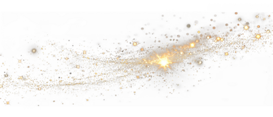 Golden glittering star dust particles flowing across a dark background isolated on transparent background