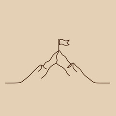 Minimalist mountain peak with flag on top, symbolizing achievement and success, vector illustration on a beige background