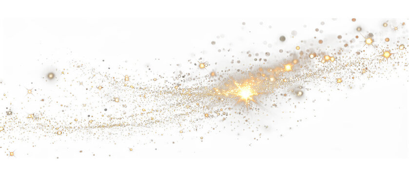 Golden glittering star dust particles flowing across a dark background isolated on transparent background