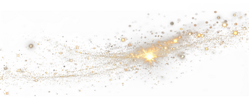 Golden glittering star dust particles flowing across a dark background isolated on transparent background
