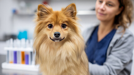 Smiling young veterinarian in blue coat holding dog providing compassionate care in modern veterinary clinic smiling at camera. Injury recovery, healthcare concept, pet treatment and prevention, trust