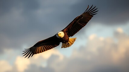 Obraz premium A majestic bald eagle soaring through a dramatic golden-hued sky.