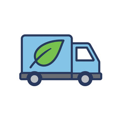 Blue delivery truck with a green leaf symbol, representing eco-friendly logistics and sustainable transportation services