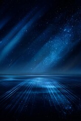 Abstract Blue Night Sky With Stars and Light Streaks.