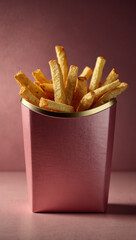 Golden French Fries in Pink Carton – Minimalist Fast Food Photography on Solid Pink Background