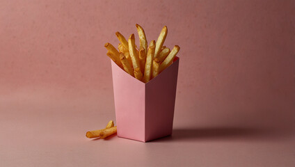 Golden French Fries in Pink Carton – Minimalist Fast Food Photography on Solid Pink Background