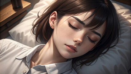 A vibrant portrait of a young woman with a joyful, sleeping