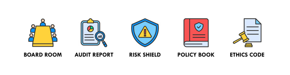 Corporate Governance banner web icon vector illustration concept with icon of board room, audit report, risk shield, policy book, and ethics code