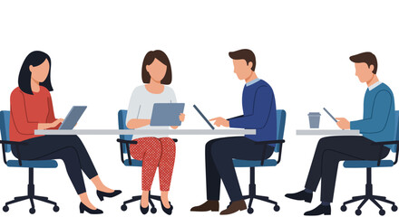 Business meeting colleagues collaborating at a table with devices fostering teamwork and productivity in a modern office environment.