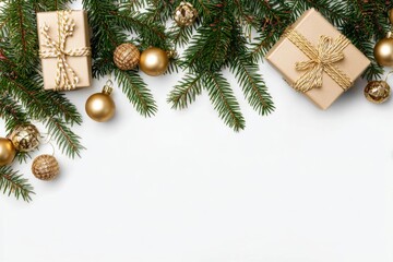 Christmas Decoration with Golden Ornaments and Gift Boxes.