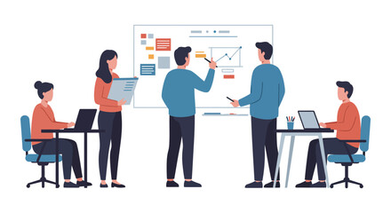 business meeting team brainstorms data-driven strategy on a whiteboard collaborating to boost company growth and enhance corporate performance metrics