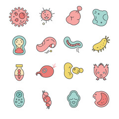 microbes icons depicting various germs and microorganisms for educational use illustrating bacteriology and microscopic life in a vector design