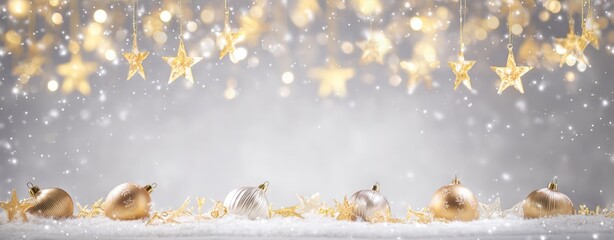 Christmas Ornaments and Stars in Snow, Festive Background.