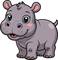Cute cartoon baby hippopotamus with big blue eyes isolated on white background