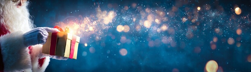 Santa Claus Holding a Magical Christmas Gift with Sparkling Lights.