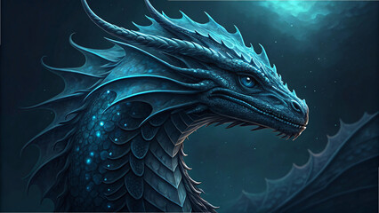 art illustration of a wild blue dragon head in deep ocean