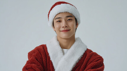 A confident person wearing a red Santa Claus hat and fluffy coat with arms crossed against a plain background perfect for Christmas holiday themes