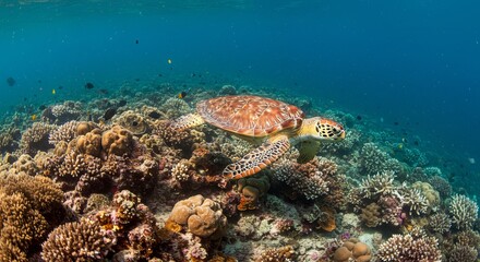 Majestic sea turtle glides through vibrant coral reef teeming with life