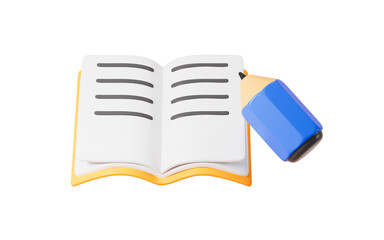 Cartoon opening book and pencil, 3d rendering.