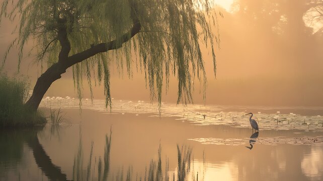 Heron standing on lily pads in a misty lake at sunrise