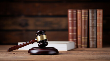 Judge's wooden gavel on table. Law, justice, legal concept, courtroom, and judicial authority theme.
