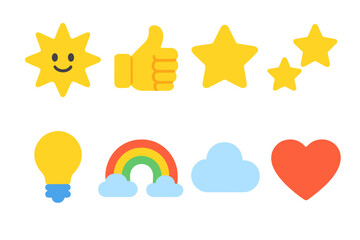 Obraz premium Bright neon emoji icons featuring sun, thumbs up, stars, light bulb, rainbow, cloud, and heart