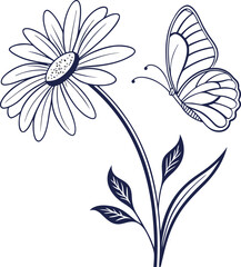 Elegant line art daisy with butterfly in white and color accents