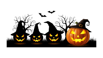 Spooky Pumpkins: Spooky scene of a glowing pumpkin with witch hat and spooky faces on Halloween night against a dramatic background.