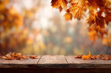 Autumn Leaves on Wooden Table, Fall Background.