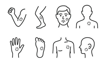 Linear icons of rash symptoms on various body parts
