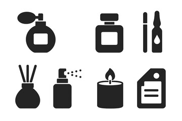 Elegant silhouette icons of perfume and aromatherapy products on dark background