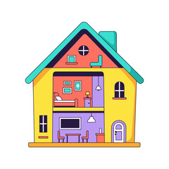 Colorful TwoStory House Illustration with Interior Details and Playful Design.