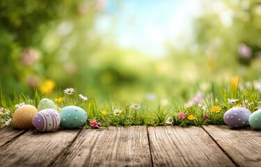 Pastel Easter Eggs on Wooden Surface with Green Background