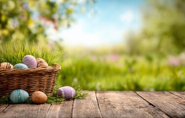 Easter Eggs in Basket on Wooden Table with Spring Background