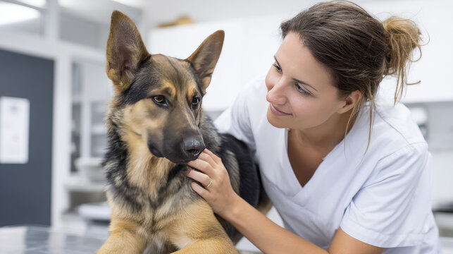 Smiling young veterinarian in blue coat holding dog providing compassionate care in modern veterinary clinic smiling at camera. Injury recovery, healthcare concept, pet treatment and prevention, trust