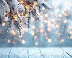 Snowy Pine Branches with Lights on Wooden Table
