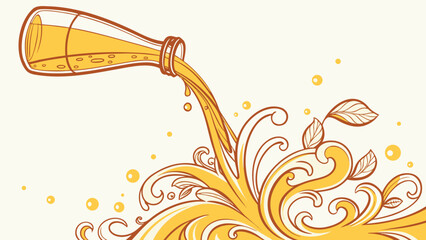 Illustration of a bottle of beer with leaves and swirls.