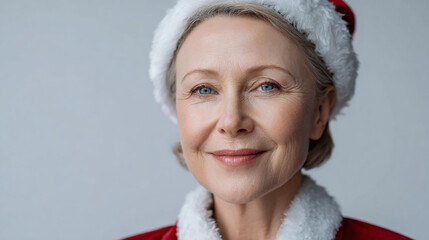 A young woman wearing a festive red Santa hat and fluffy white collar coat celebrating the Christmas holiday season in a bright studio setting