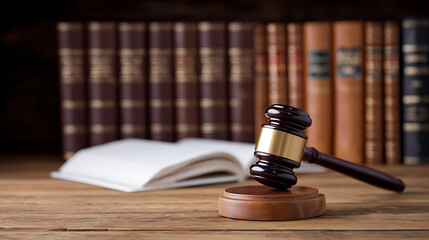 Judge's wooden gavel on table. Law, justice, legal concept, courtroom, and judicial authority theme.