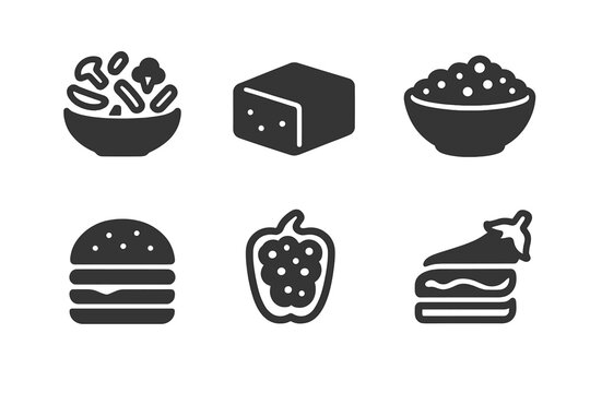 Minimalist food icons set featuring burger, salad, cheese, pepper, and dessert in silhouette style