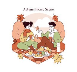 Autumn Picnic Vector Illustration of Friends Relaxing