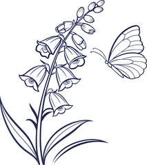 Minimal line art foxglove flower with a delicate butterfly illustration © Mofajjol
