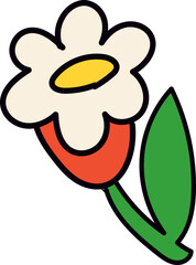 Cartoon Flower with Cream Petals Yellow Center and Green Leaf.