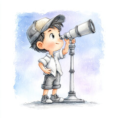 Illustration of a Curious boy in a white shirt and grey shorts exploring the sky with a telescope against