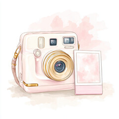 Illustration of a pink mini camera and elegant film capturing on  clean white background.